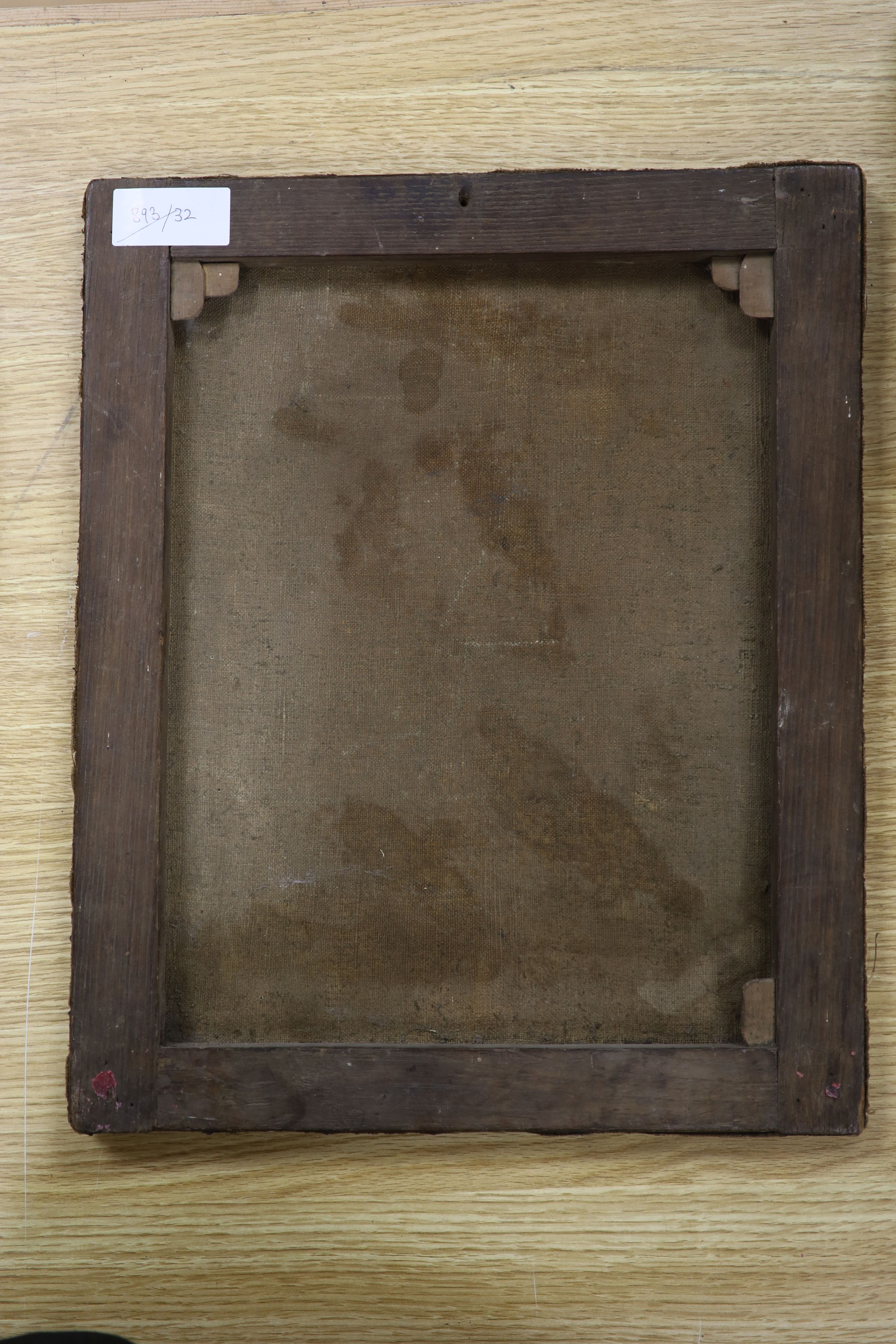 19th Century Continental school, icon of Christ, scripted border to base, oil on canvas, 40 x 33cm.